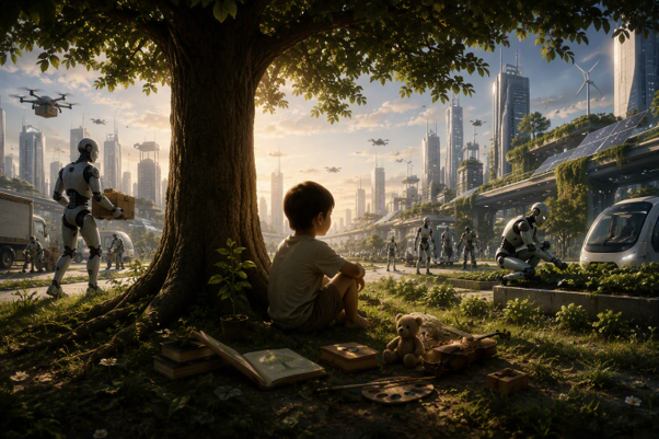 AI generated image of a sitting child under a tree surrounded by robots carrying out errands